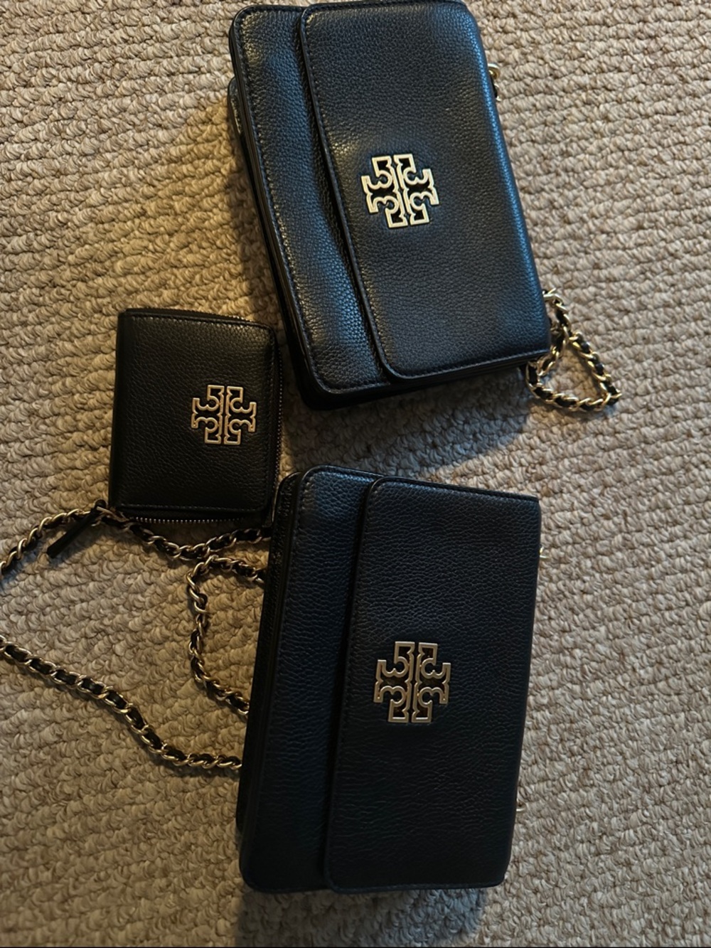 Tory Burch Black Pebbled Leather Chain Wallet Trio with Gold Logo